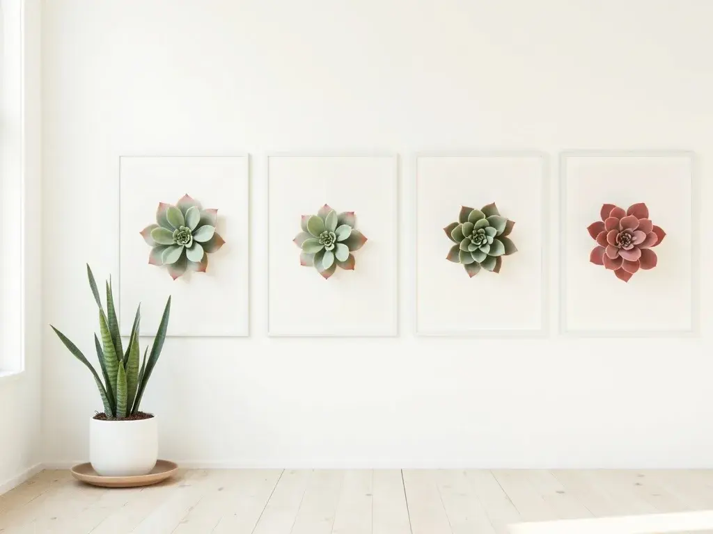 Díptico de dos láminas botánicas de Sempervivum — una en tonos rojizos y otra en verde-azulado — enmarcadas simétricamente sobre pared blanca de salón
