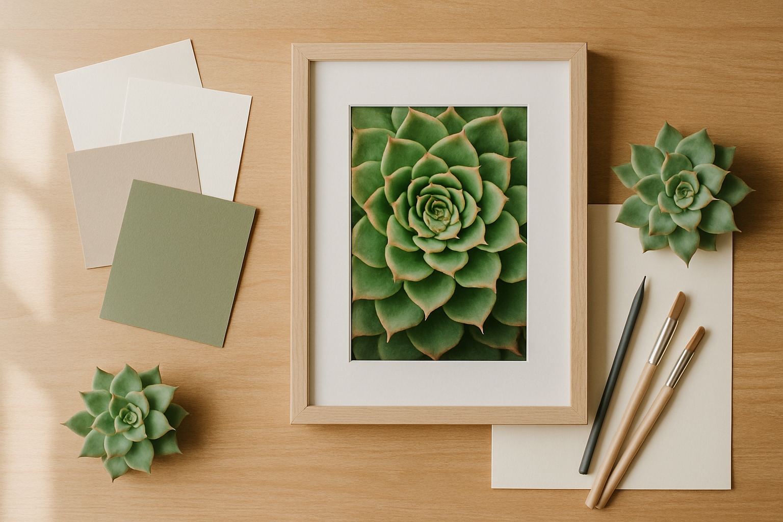 Close-up van een gestileerde sempervivum botanische poster in een zwarte lijst aan een lichtgrijze woonkamermuur