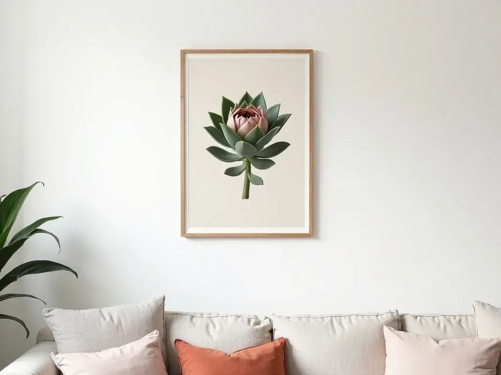 Composizione di stampe botaniche di Sempervivum in stile gallery wall su parete chiara, quadri soggiorno moderni