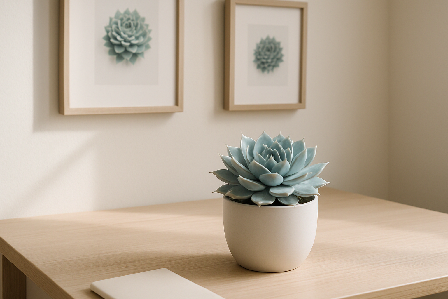 Quadro botânico digital de Sempervivum em tons de verde e terracota sobre parede neutra de home office
