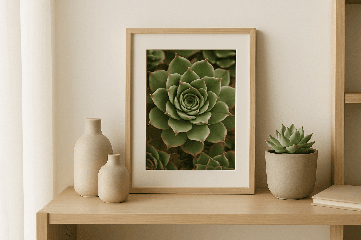 Botanische poster van een Sempervivum rozet in burgundy en zilvergroen, gestileerd studio-ontwerp voor aan de muur