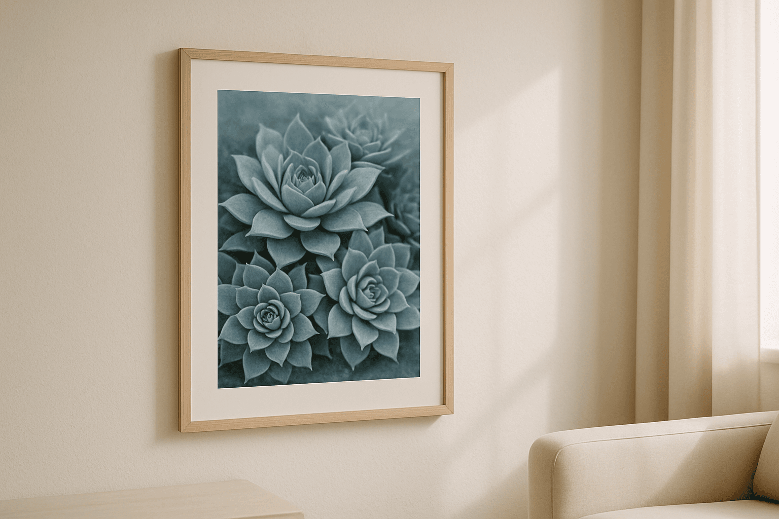 Close-up botanical print of a Sempervivum succulent with richly detailed leaves, rendered in soft earthy tones for living room wall art