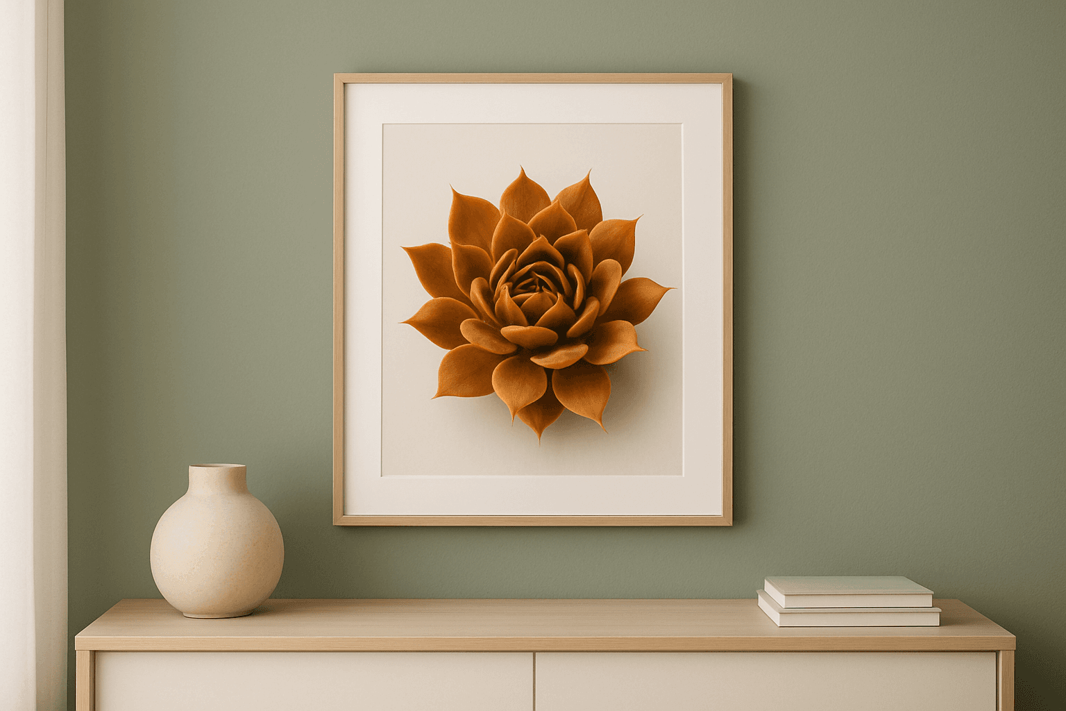 Affiche botanique digitale représentant un sempervivum en gros plan, tons sage green et beige chaud, rendue en studio pour décoration murale salon tendance