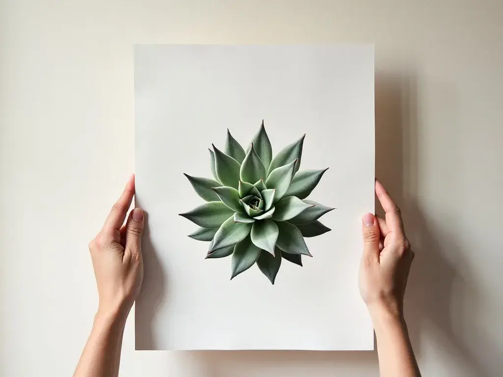Composição de quadros botânicos com ilustrações de Sempervivum em tons de verde-escuro e terracota dispostos em gallery wall na parede da sala