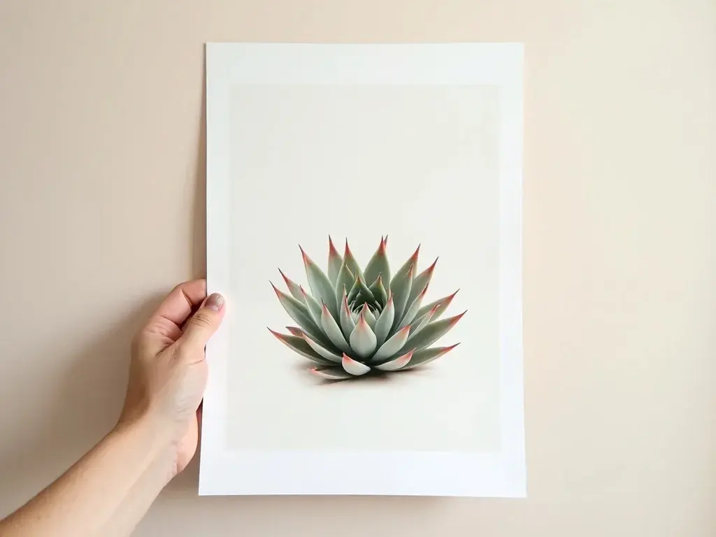 Trio de quadros botânicos com estudos de Sempervivum em diferentes ângulos, dispostos horizontalmente em parede clara de sala de estar