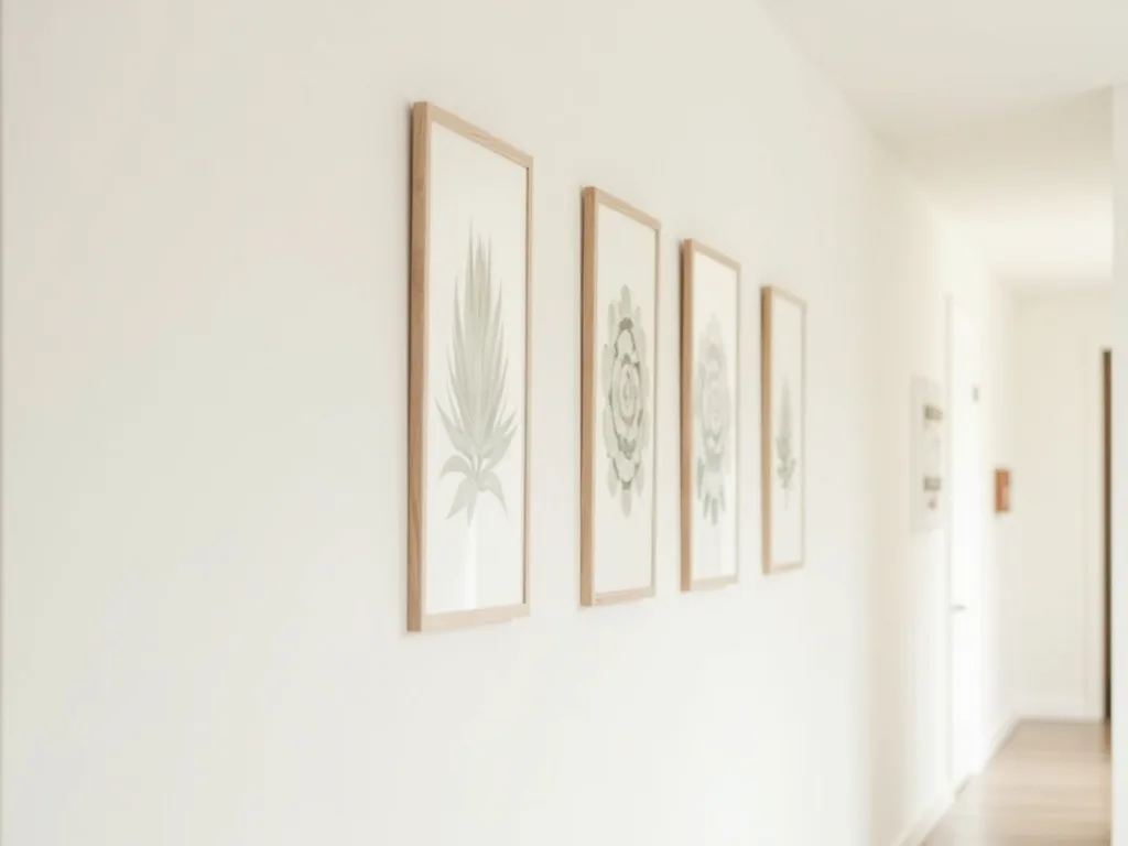 Composição de quadros botânicos verticais de Sempervivum em fundo branco-cru dispostos em linha numa parede de corredor estreito