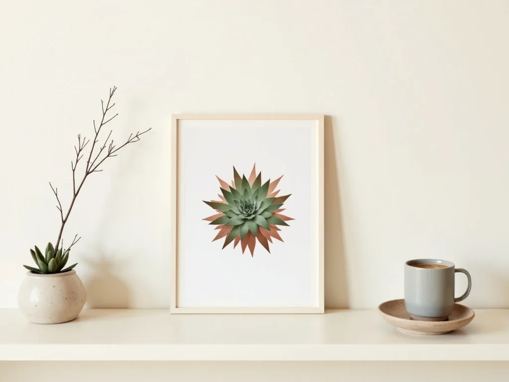 Detaljrikt botaniskt verk av Sempervivum-sukkulent i djupgröna och burgundy toner, designat för skandinaviskt vardagsrum