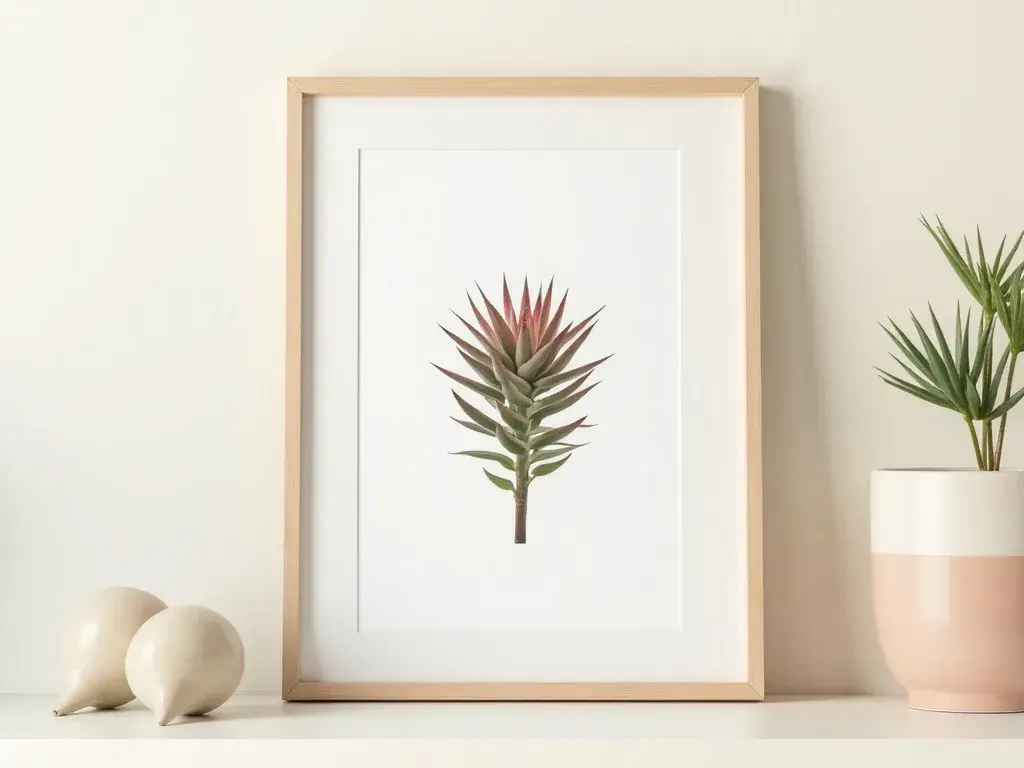 Botanisches Wandbild mit Sempervivum-Sukkulente, digital gestaltet in sanften Grün- und Erdtönen