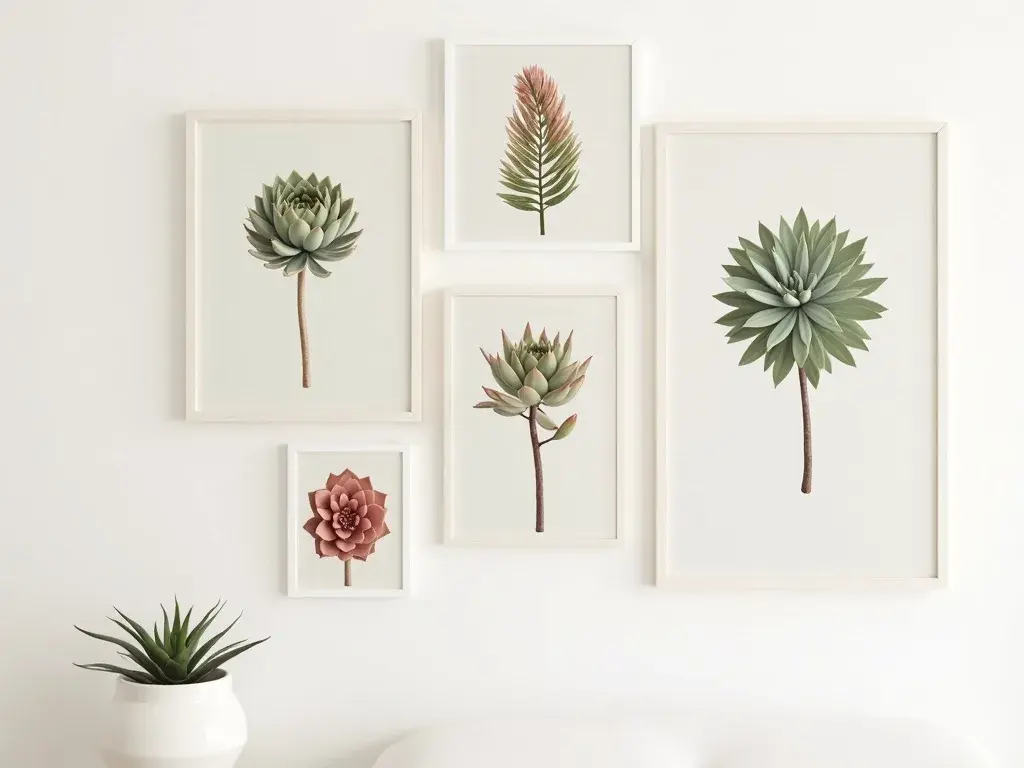 Drei aufeinander abgestimmte Sempervivum-Sukkulenten-Prints als Wandbilder Set im Wohnzimmer, Erdtöne Terrakotta und Salbei