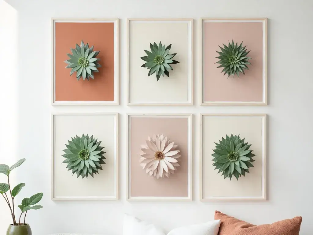 Botanischer Sempervivum-Print in Salbeigrün und Warmgrau, gestaltet für ein beiges Wohnzimmer mit Naturholzmöbeln