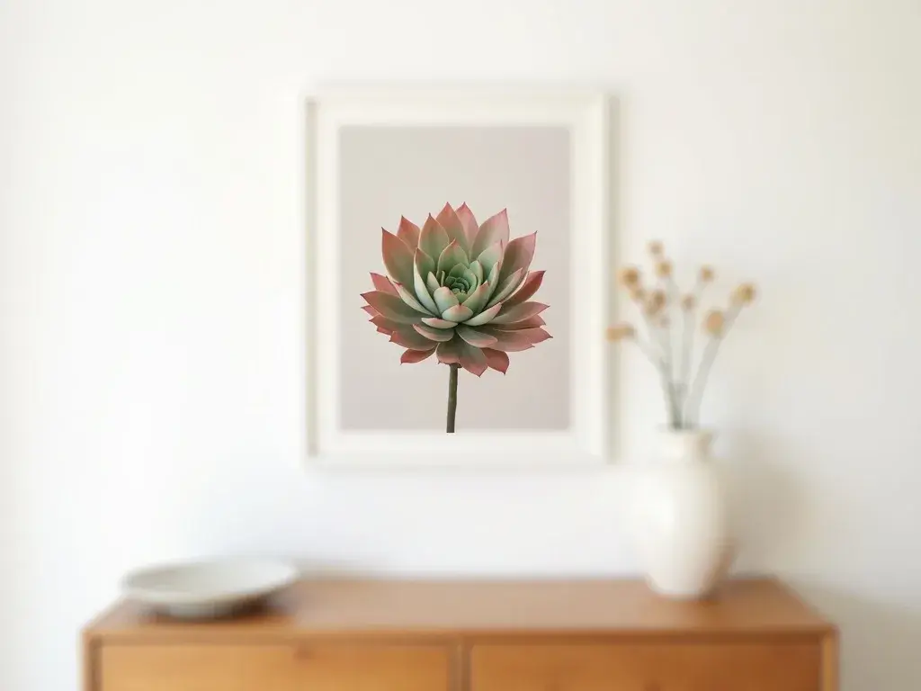 A curated arrangement of Sempervivum botanical prints in sage green and warm beige tones forming a gallery wall above a grey linen sofa