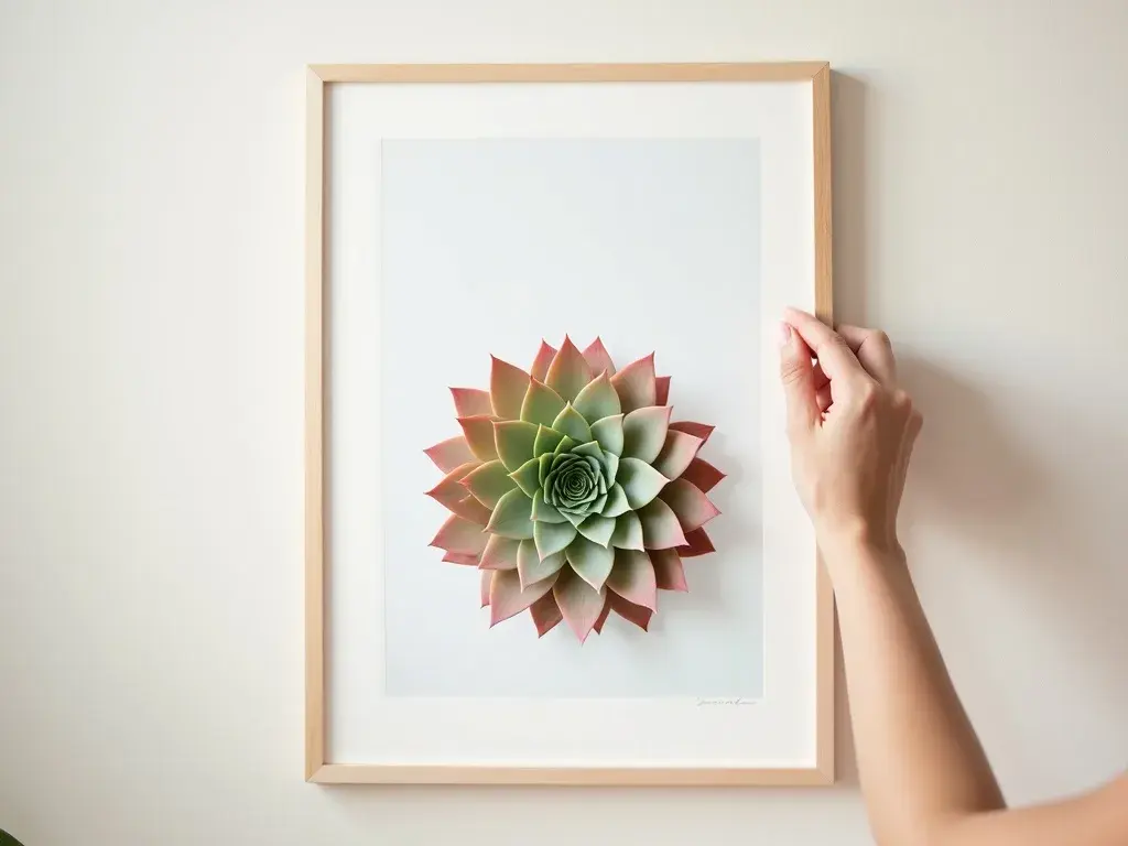 Three framed Sempervivum succulent botanical prints arranged in an asymmetric gallery wall layout on a warm white wall