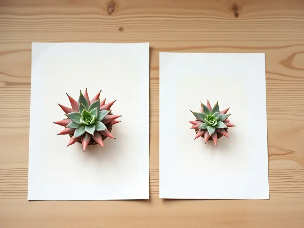 A curated five-print gallery wall set of Sempervivum succulent botanical prints arranged in a T-shape on a warm white living room wall