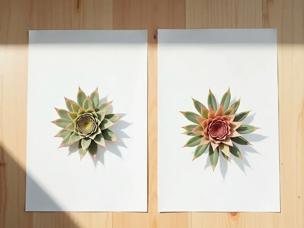 Three framed Sempervivum botanical prints arranged in a linear gallery wall above a linen sofa