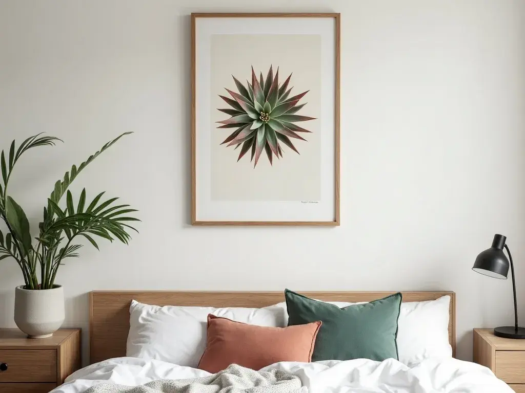 Close-up botanical print of a Sempervivum succulent showing geometric rosette structure and fine leaf texture, rendered in muted greens on a pale linen background