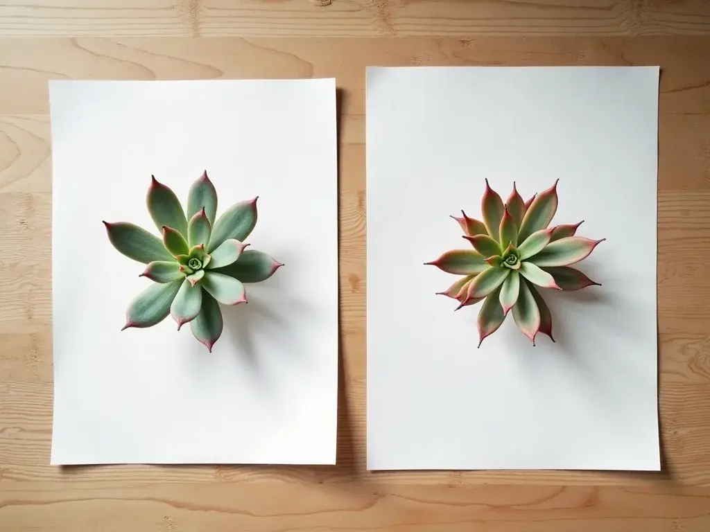 Composición de cuadros en la pared con láminas botánicas de Sempervivum en tonos verdes y arcilla sobre pared encalada