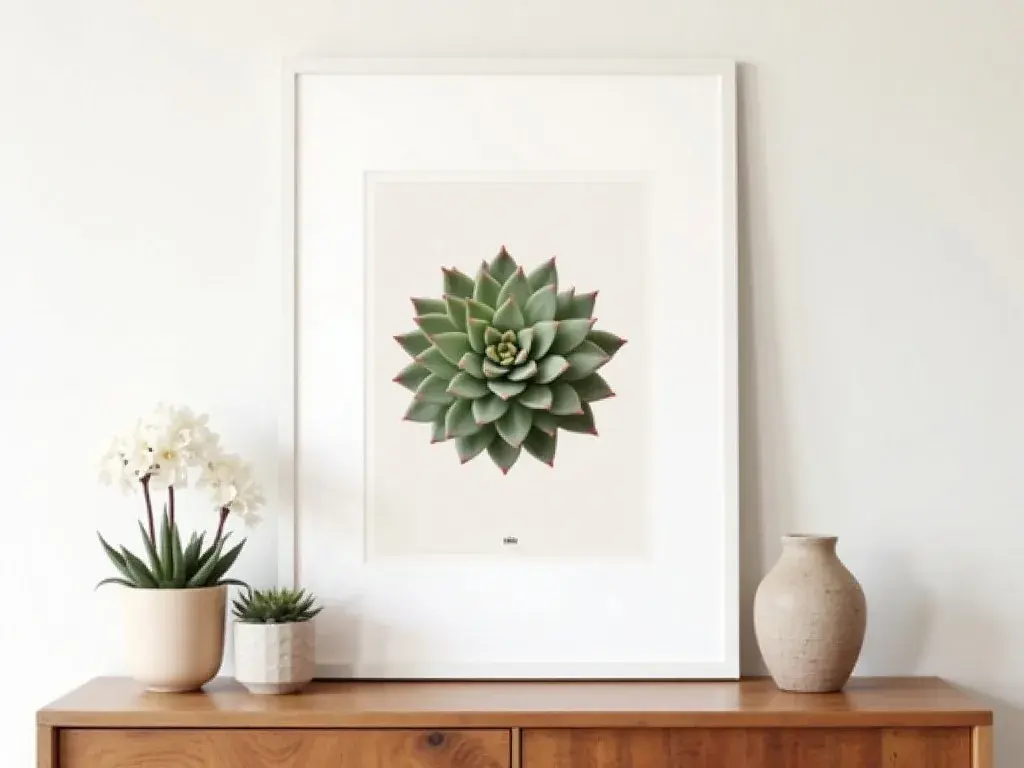 Lámina botánica de Sempervivum diseñada en paleta neutra off-white y sage green, enmarcada sobre pared blanca de salón minimalista escandinavo