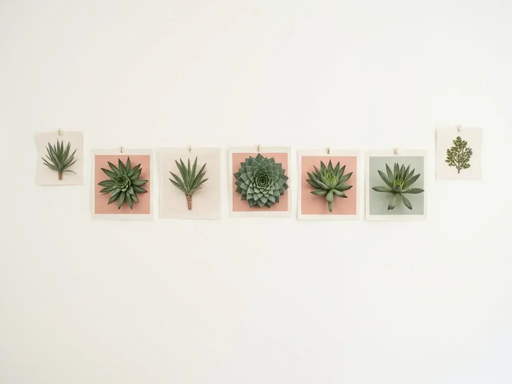 Lámina botánica de Sempervivum en tonos sage y beige enmarcada sobre pared blanca de salón nórdico con madera de roble blanqueado