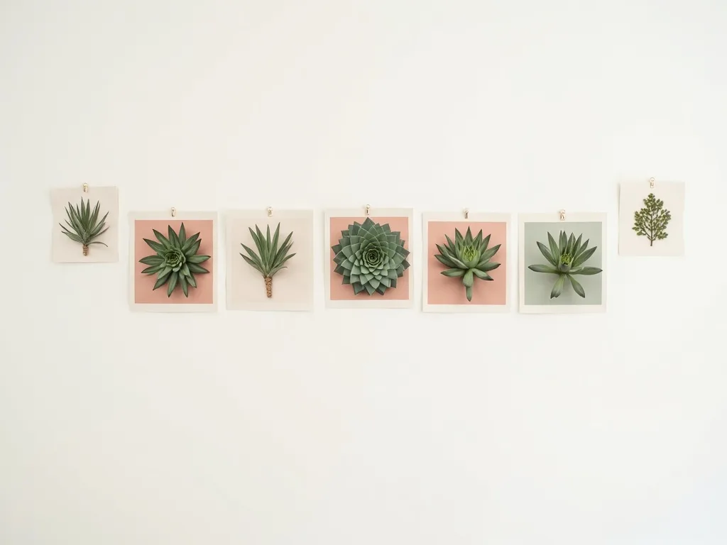 Lámina botánica de Sempervivum en tonos sage y beige enmarcada sobre pared blanca de salón nórdico con madera de roble blanqueado