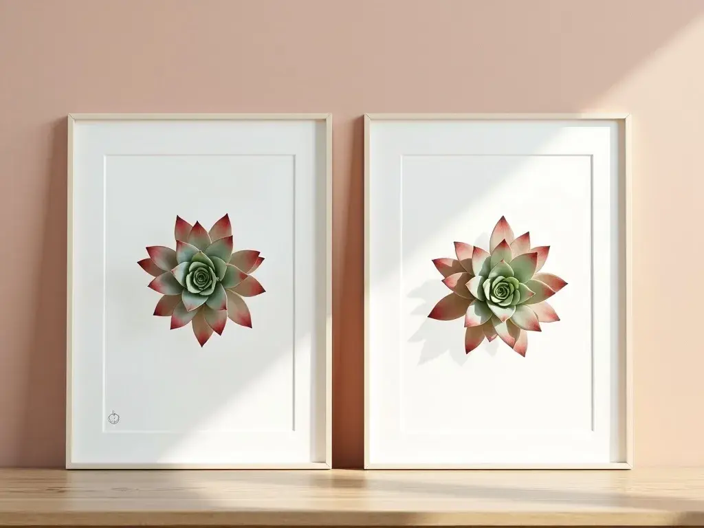Composition de trois affiches botaniques de succulentes Sempervivum aux tons vert sauge et terracotta, disposées en ligne horizontale sur un mur blanc au salon
