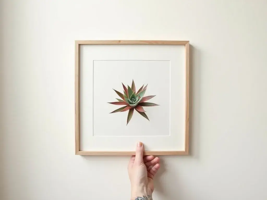 Composition de trois affiches botaniques Sempervivum en formats 40×50 cm et 30×40 cm disposées en mur de cadres dans un salon aux tons beige et vert sauge