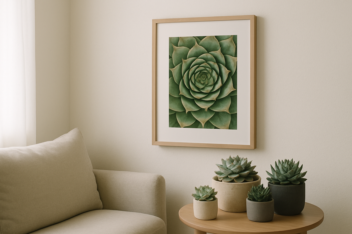 Plakat roślinny z rozetą sempervivum w neutralnej palecie, dopasowany do salonu w stylu japandi