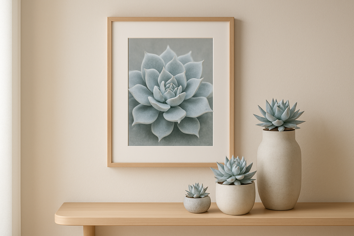 Close-up botanical print of a Sempervivum succulent with jewel-toned leaves on a dark background, styled above a linen sofa in a living room