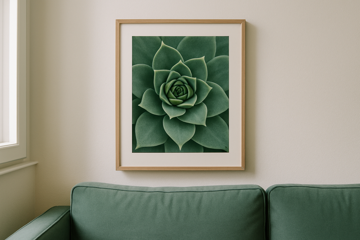 Lámina botánica de Sempervivum con tonos verdes y terracota, diseñada para decorar un salón moderno