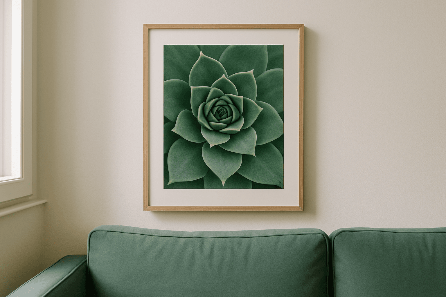 Lámina botánica de Sempervivum con tonos verdes y terracota, diseñada para decorar un salón moderno