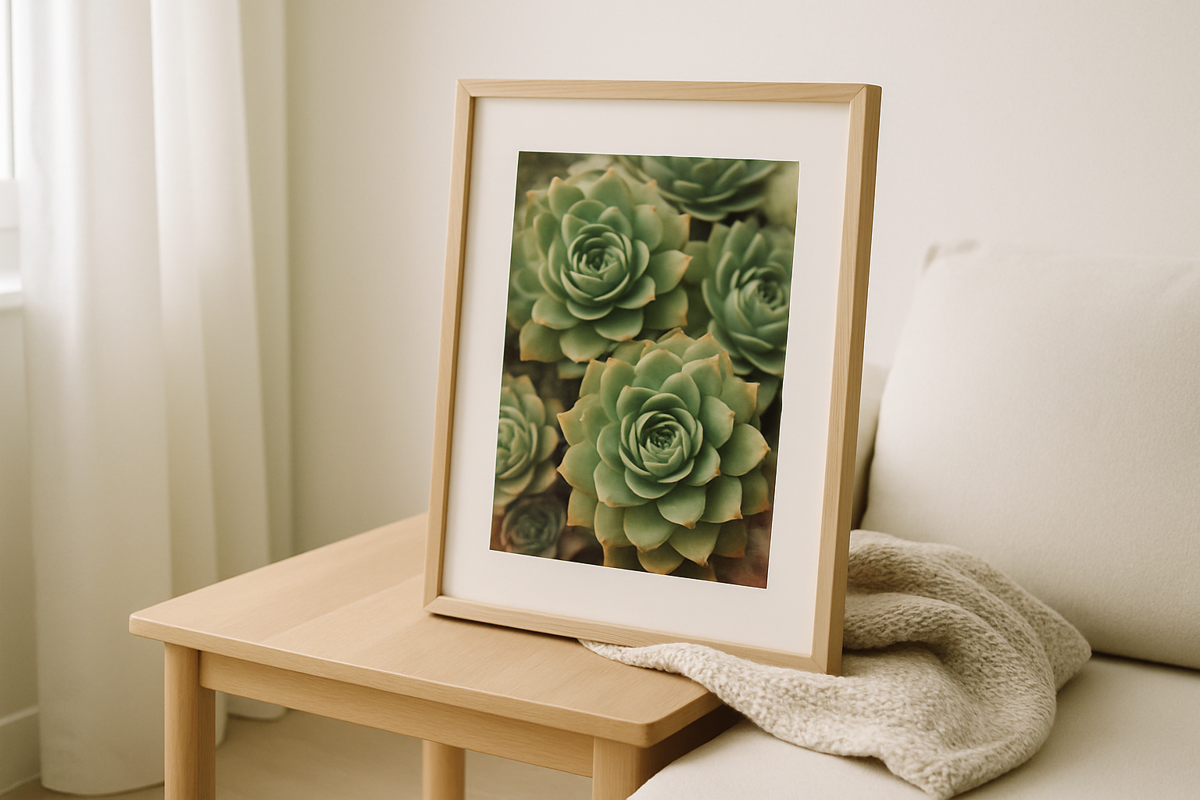 Three monochrome Sempervivum succulent botanical prints in slim black frames arranged on a white wall above linen bedding