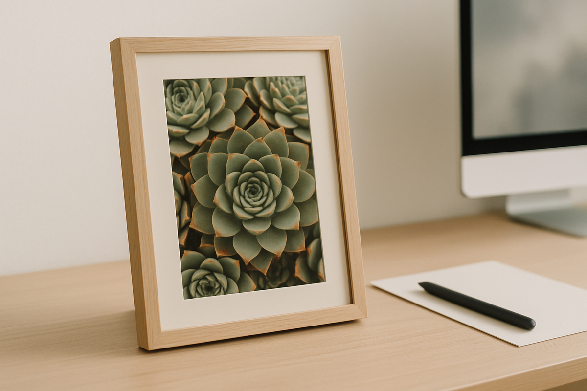 Detailreiches botanisches Wandbild mit Sempervivum-Sukkulenten in warmen Grün- und Rottönen, gestaltet für das Wohnzimmer