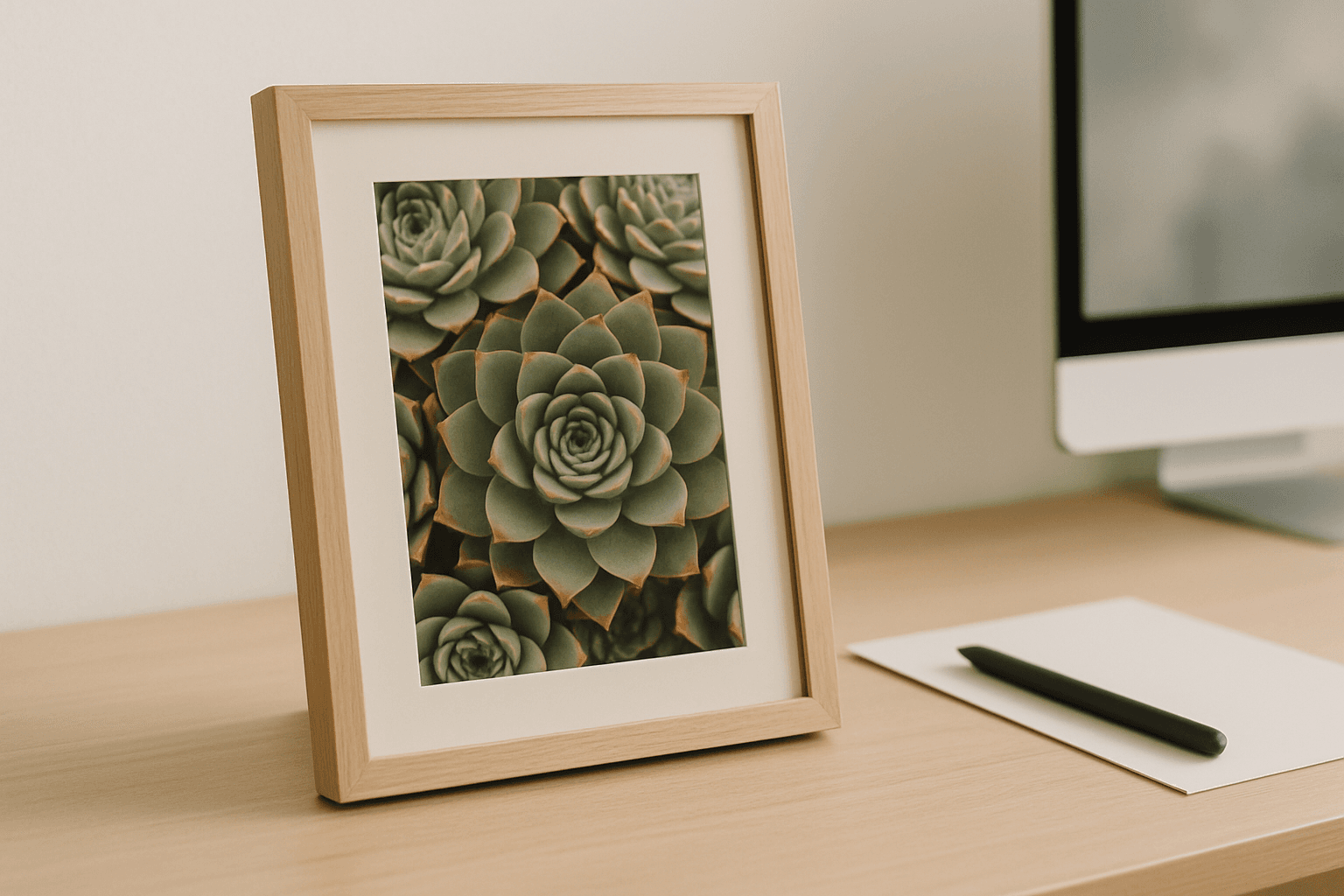 Botanisk poster med detaljerad sempervivum-succulent i mjuka gröna och grå toner, skapad av Flora Digital studio