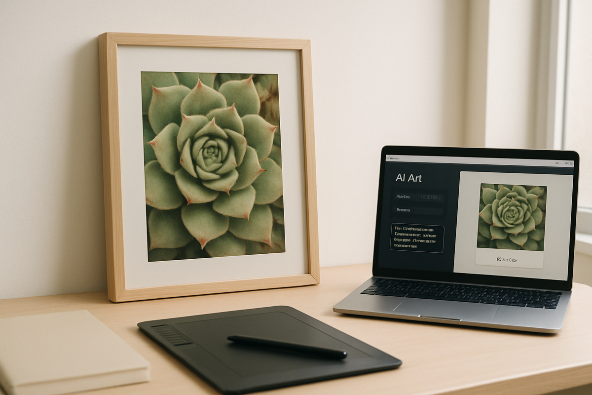 Detailreiches KI-gestaltetes Sempervivum-Wandbild in erdigen Grün- und Beigetönen als modernes Wohnzimmer-Poster