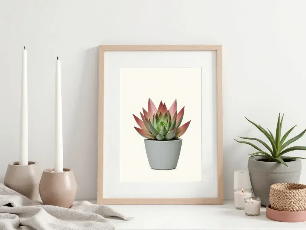 Stampa botanica di Sempervivum succulento, rendering digitale su sfondo neutro, ideale per quadri soggiorno moderni in stile biophilic