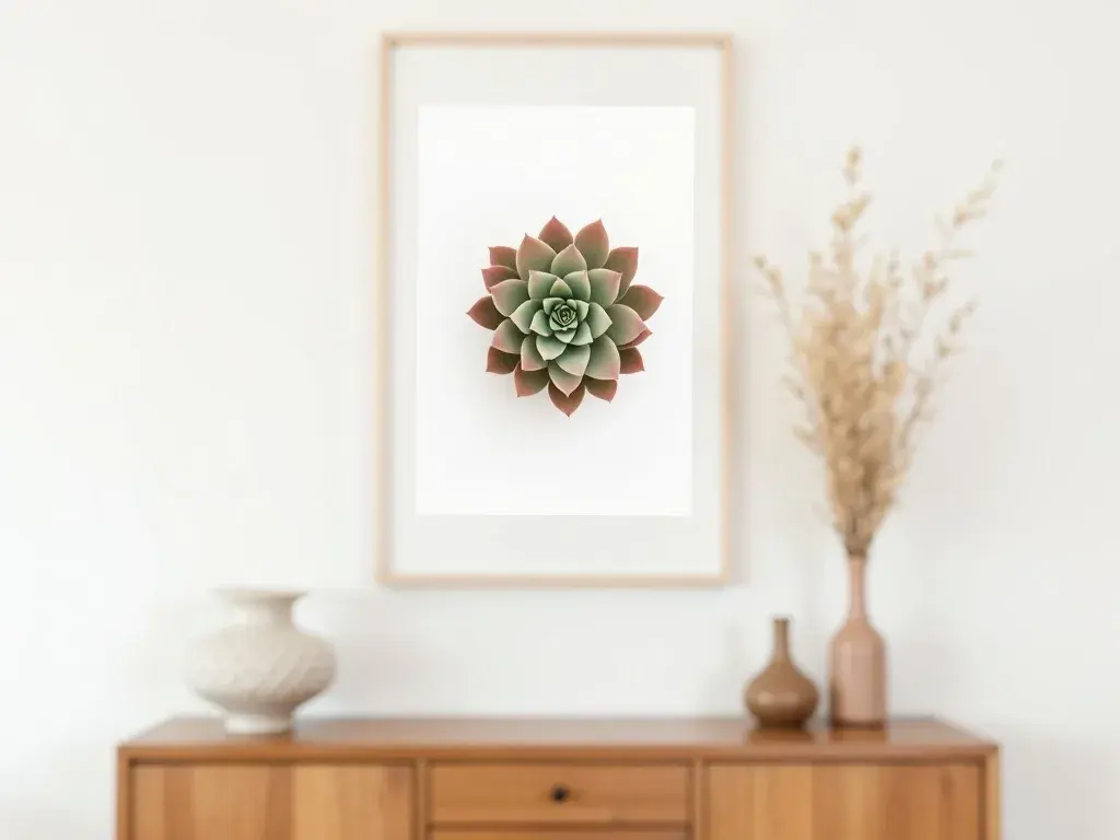 Stampa botanica digitale di sempervivum succulente con toni verde salvia e terracotta, ideale come quadro da soggiorno moderno