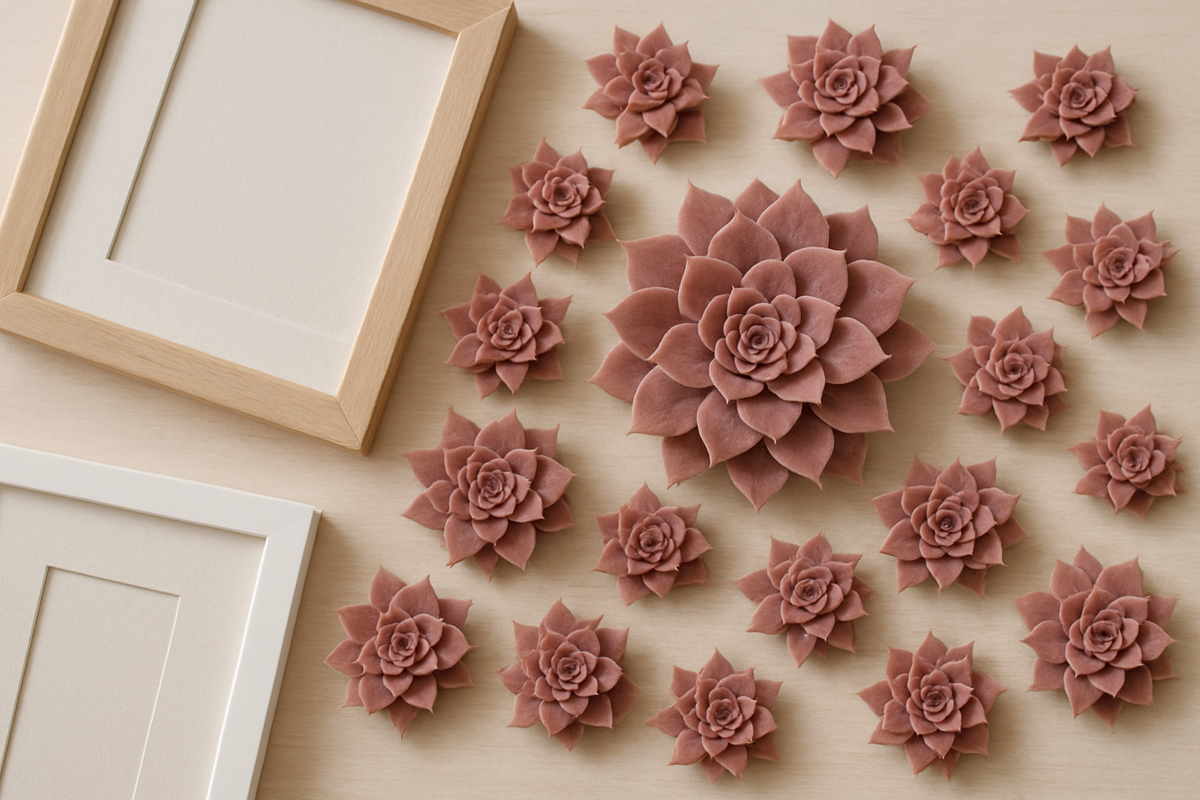 A curated grid of Sempervivum botanical prints arranged as a gallery wall in a bright Scandinavian living room