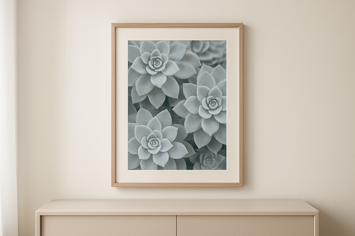 Close-up botanical print of a Sempervivum succulent with richly detailed leaves, rendered in soft earthy tones for living room wall art