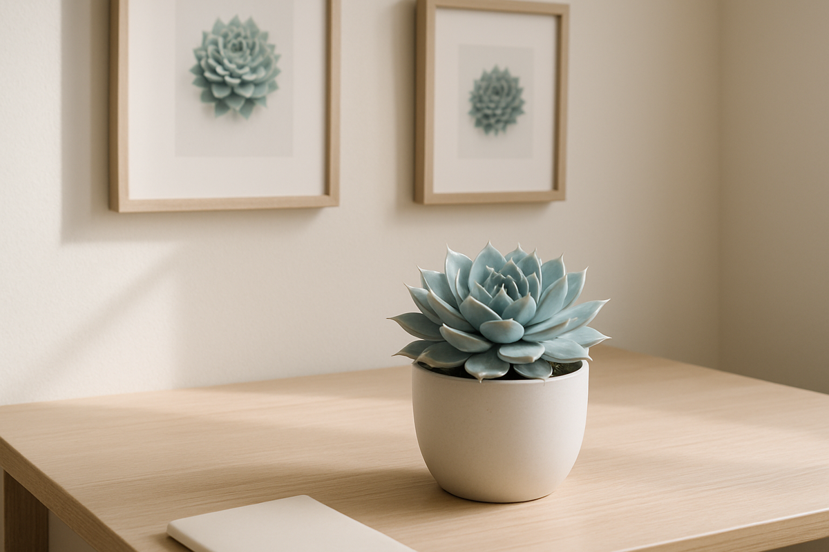 Quadro botânico digital de Sempervivum em tons de verde e terracota sobre parede neutra de home office