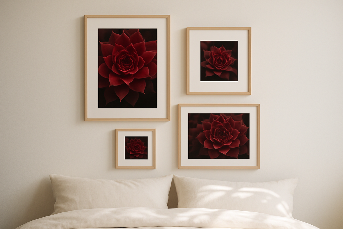 Trio of Sempervivum botanical prints arranged as a gallery wall above a linen headboard, ivory and sage palette