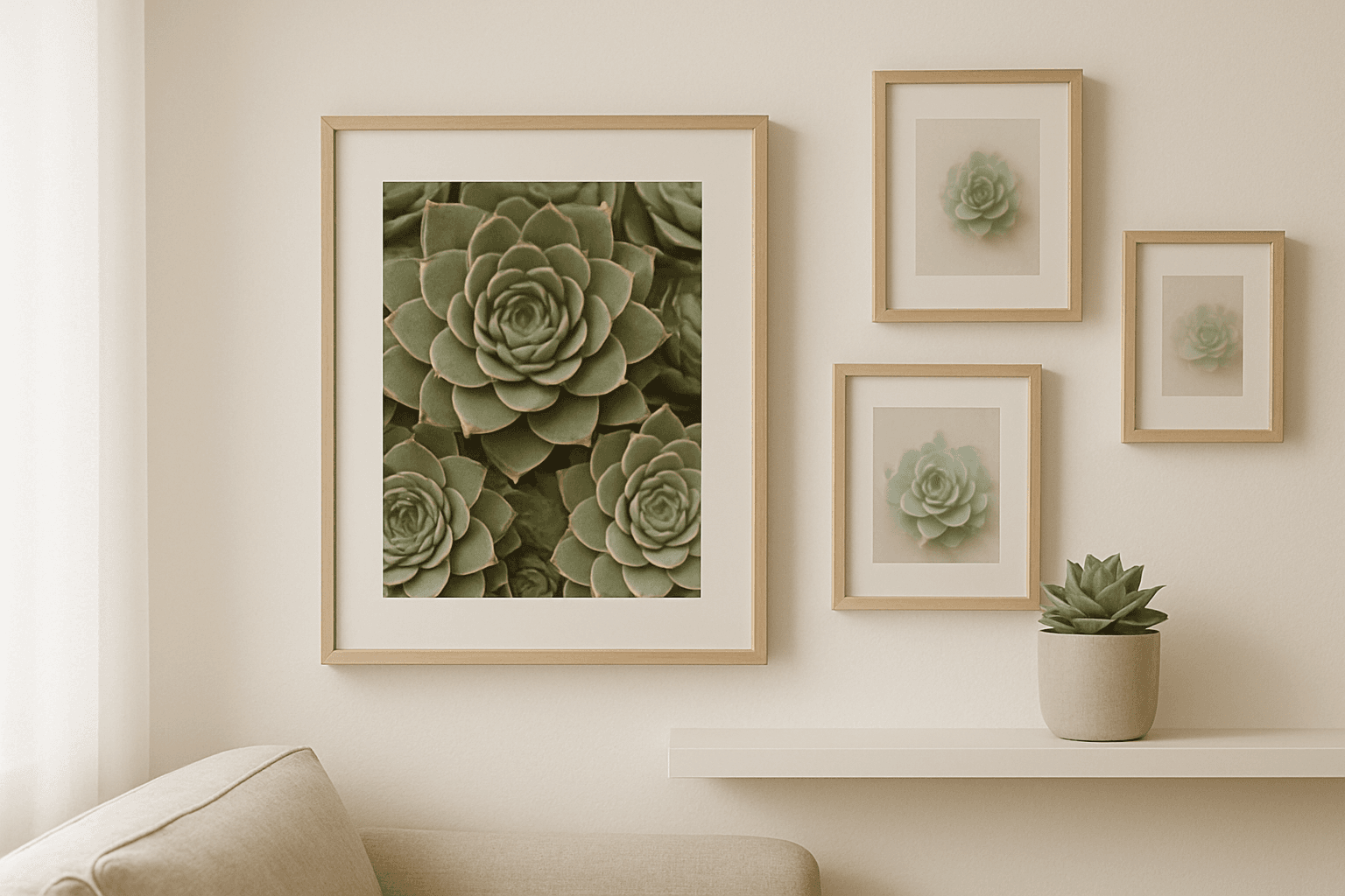 Gestileerde botanische poster van een Sempervivum succulent, ontworpen in zachte aardtinten, als kunst aan de muur in een kleine woonkamer