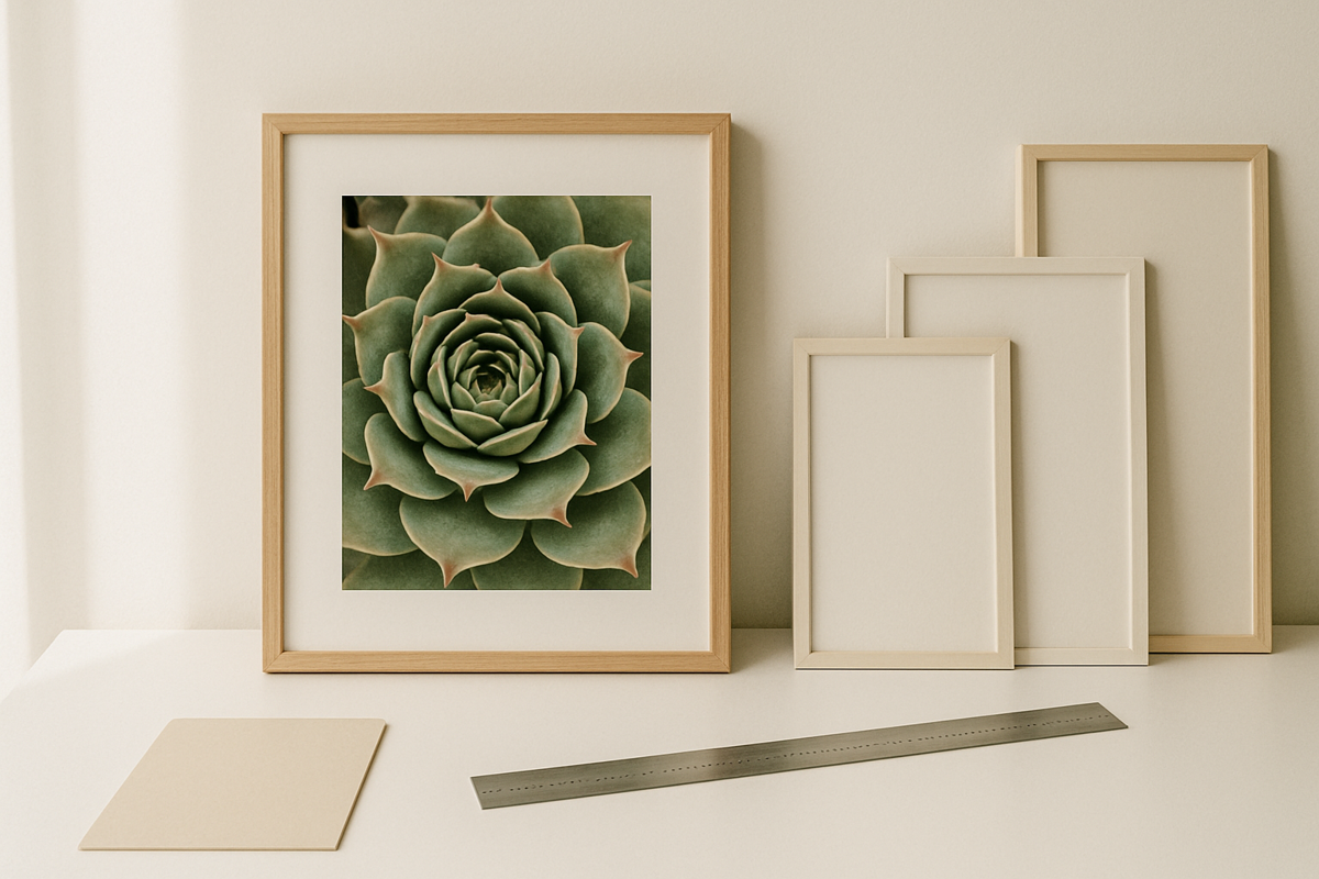 Botaniczny plakat z soczystym sukulentem Sempervivum w odcieniach zieleni i różu, zaprojektowany w stylu studio