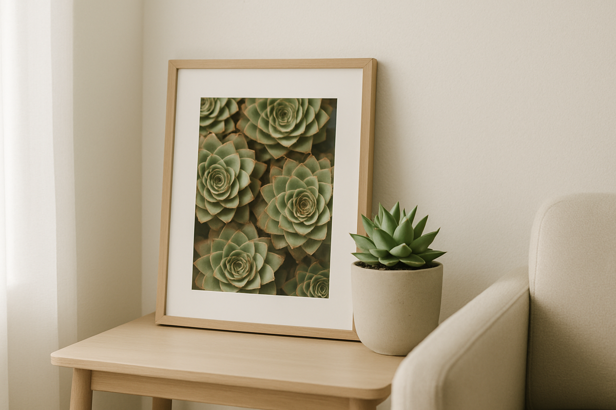 Quadro botânico digital de Sempervivum com rosetas geométricas em tons de verde-salva e borgonha, criado em estúdio para decoração de sala minimalista