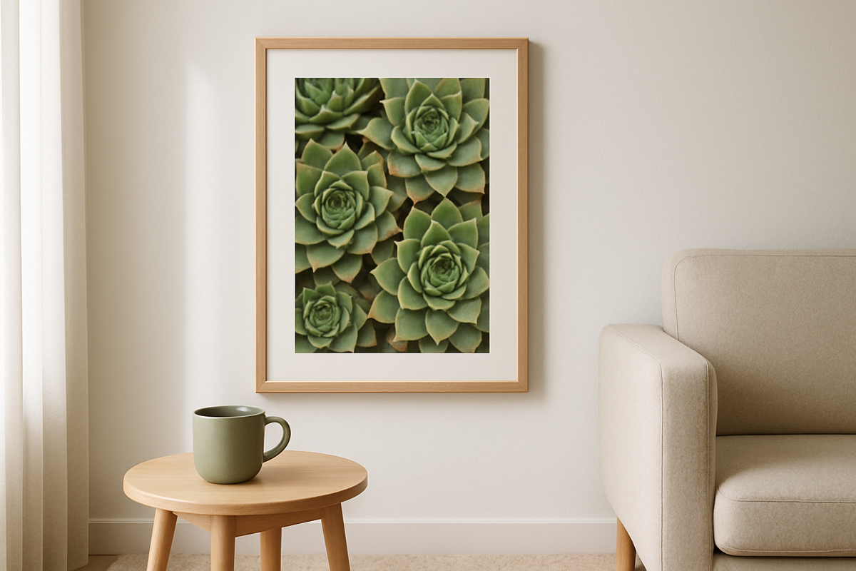 Lámina botánica de Sempervivum con fondo blanco hueso y paleta verde salvia, diseñada para salón relajante
