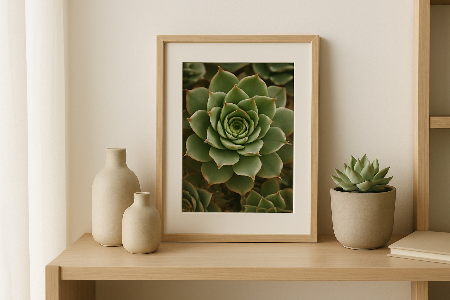 Close-up botanical print of a sempervivum succulent rosette rendered in rich greens and burgundy, designed for modern living room wall art