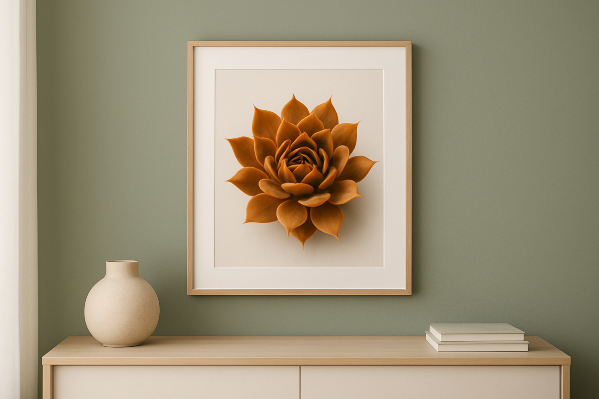 Plakat botaniczny z sukulentem Sempervivum w ciepłych zieleniach i beżach — obraz do salonu w stylu japandi