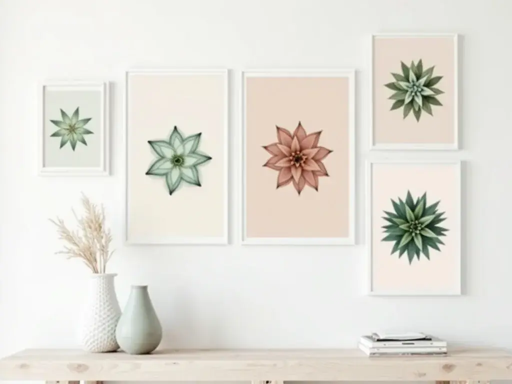 Gallery wall met vier Sempervivum botanische posters in aardetinten, opgehangen in een symmetrische opstelling op een lichtgrijze muur