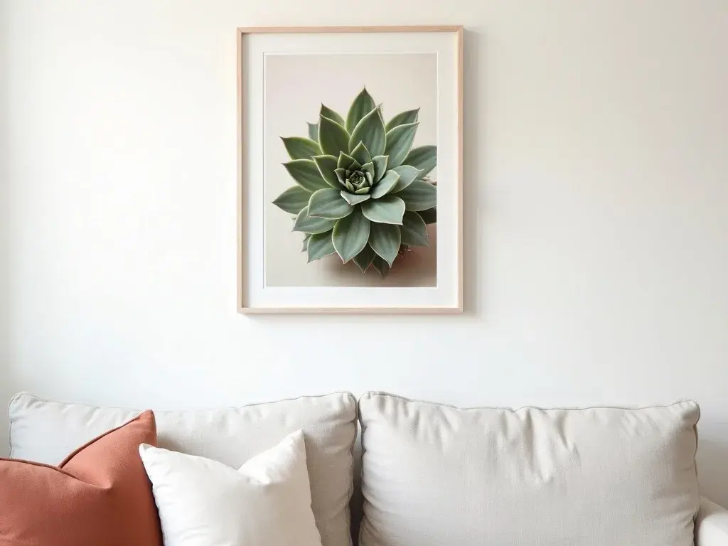 Botanische poster van een Sempervivum succulent in saliegroen en oud-roze tinten, gestileerd voor een moderne woonkamer