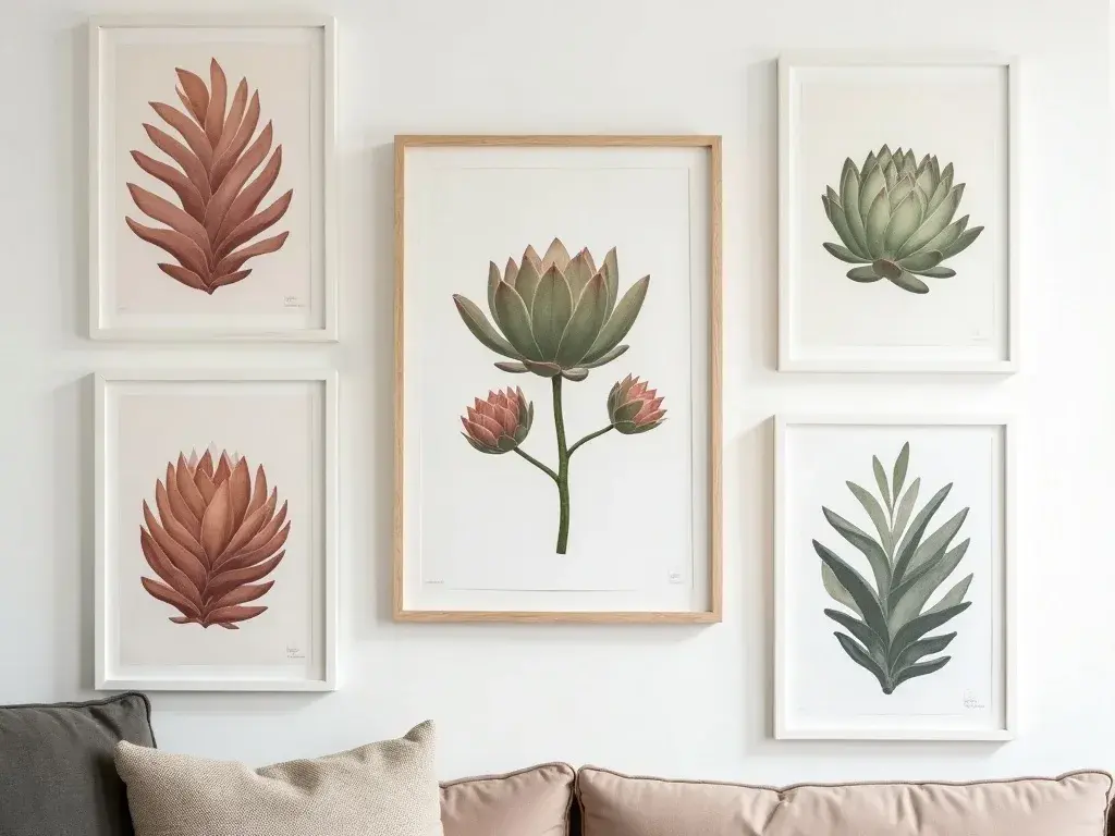 Minimalistische botanische poster van een Sempervivum succulent in mosgroen en wabi-sabi beige, hangend op een witte wand in een Japandi woonkamer met bamboe accenten