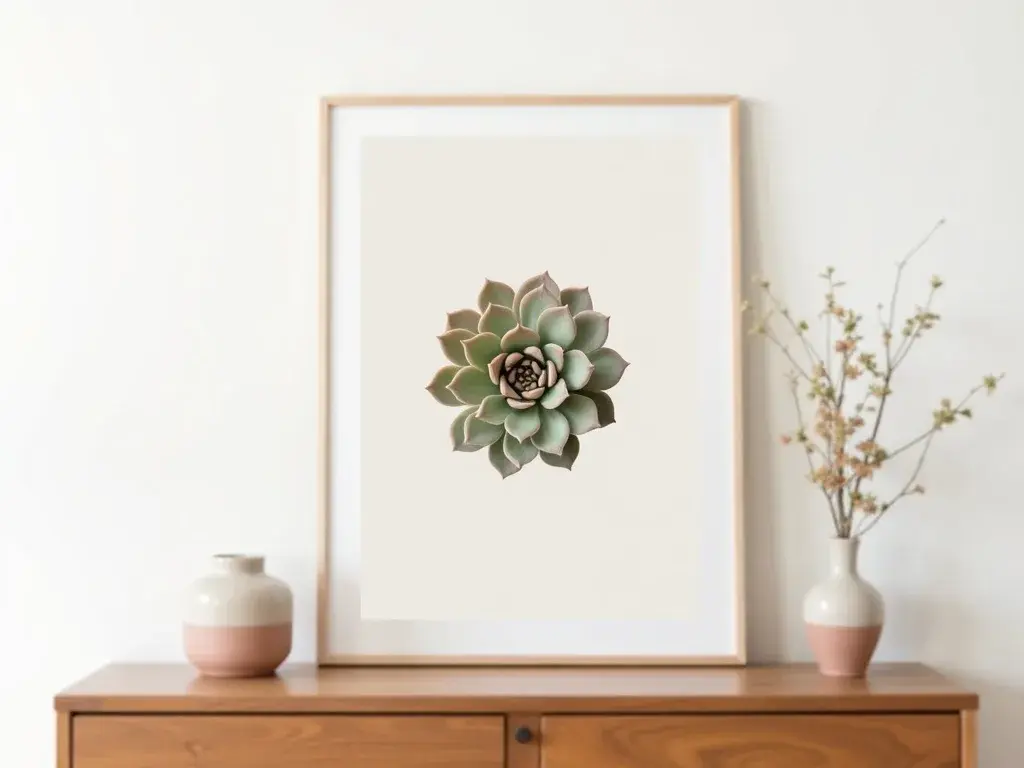 Elegancki plakat botaniczny z sukulentem sempervivum w odcieniach szałwii i złota, zaprojektowany do salonu w stylu modern classic