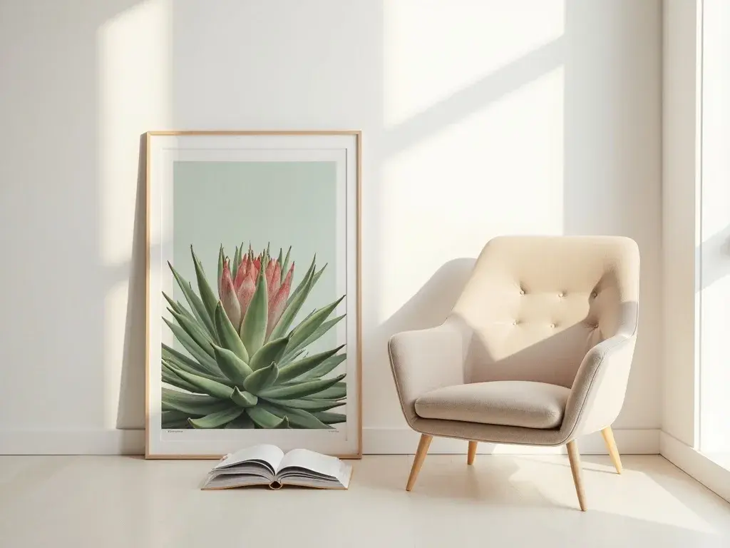 Minimalistyczny obraz botaniczny dużego formatu z pojedynczą rozetą sukulenta na neutralnym tle, dominujący na ścianie salonu
